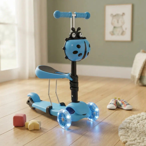 Scooter Infantil 2 En 1 Asiento Ajustable Luz Rueda Tripatín Celeste