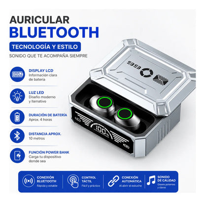 Auricular Bluetooth Inalámbrico Lcd Led Power Bank 4h 10m Plateado
