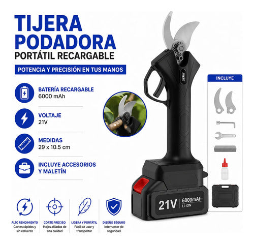 Tijera Podadora Eléctrica Recargable 21v 6000mah Accesorios Negro
