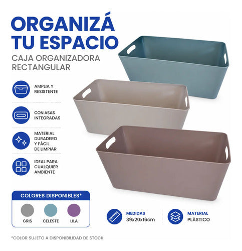 Caja Canasto Organizador Plástico Rectangular Asas 39x20cm Lila