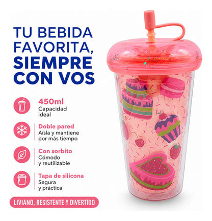 Vaso Acrílico Tapa Silicona Sorbito 450ml Doble Pared Rosa Rosa