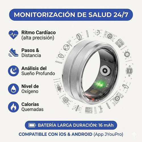 Anillo Inteligente Monitoreo Sueño Talle 8 Ios Android Plateado 8