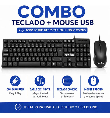 Combo Kit Teclado Mouse Usb Cable Oficina Pc Notebook 1.5m