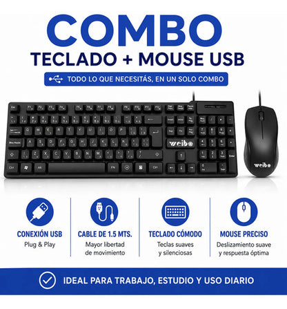 Combo Kit Teclado Mouse Usb Cable Oficina Pc Notebook 1.5m