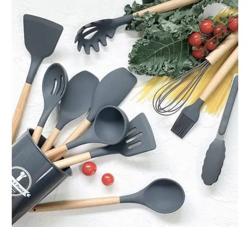 Set Cubiertos Cocina Silicona Madera Menaje Pack X12 Piezas Negro