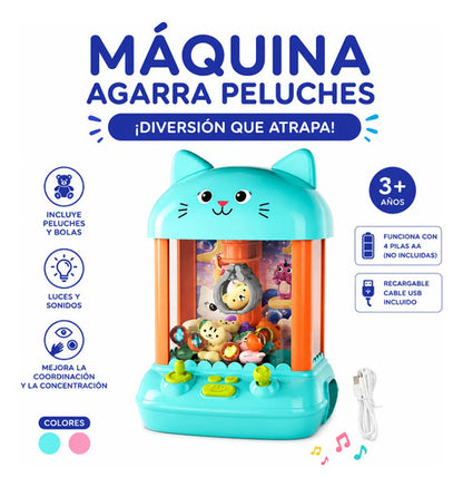 Máquina Garra Infantil Gato Peluches Usb 4 Pilas Aa 32cm Celeste