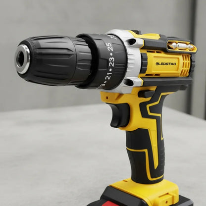 Taladro Percutor Inalámbrico Recargable 2 Baterías Maletín Amarillo 0