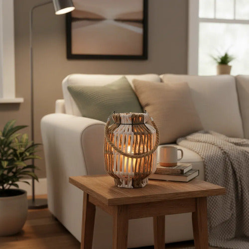 Farol Portavela Decorativo Recipiente Vidrio Y Asa Algodon Natural / Blanco / Beige