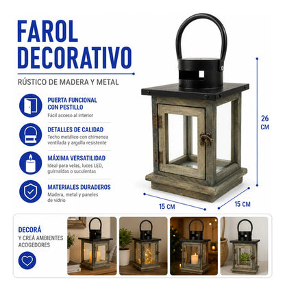Farol Decorativo Rústico Portavelas Madera Metal 26x15cm Gris Envejecido Con Negro