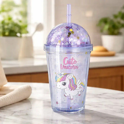 Vaso Acrílico Doble Pared Unicornio Tapa Sorbito 380ml Termo Celeste