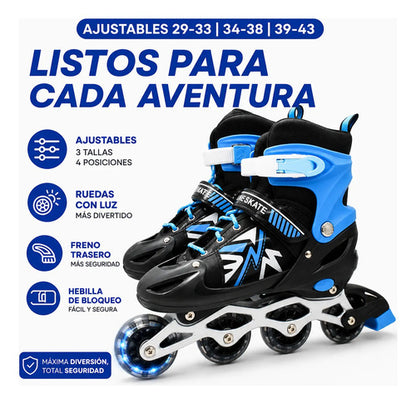 Patines Roller Ajustables Azul 29-43 4 Ruedas Con Luz 34-38 Azul