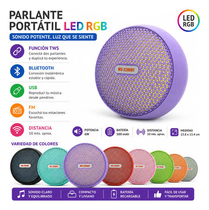 Parlante Bluetooth Portátil Led Rgb Tws Usb Fm 6w Potente Purpura