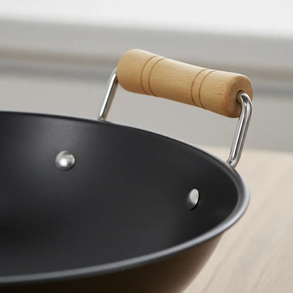 Sartén Wok Acero Carbono Asas Madera Antiadherente 30cm Negro