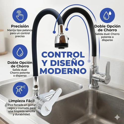 Monocomando Mesada Cocina Canilla Flexible Pared Grifo 20cm Plateado Con Negro
