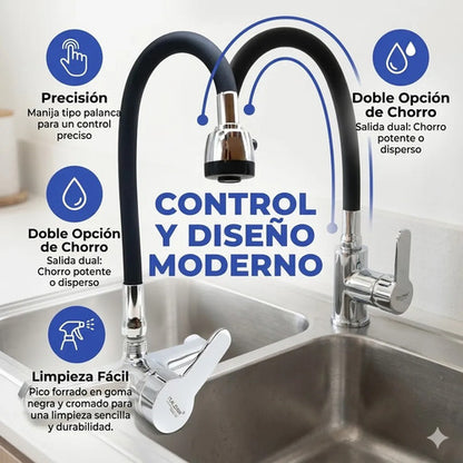 Monocomando Mesada Cocina Canilla Flexible Pared Grifo 20cm Plateado Con Negro