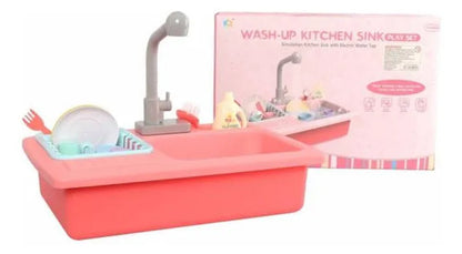 Lavaplatos Infantil Con Agua Accesorios 2 Pilas Aa 40cm Rosa